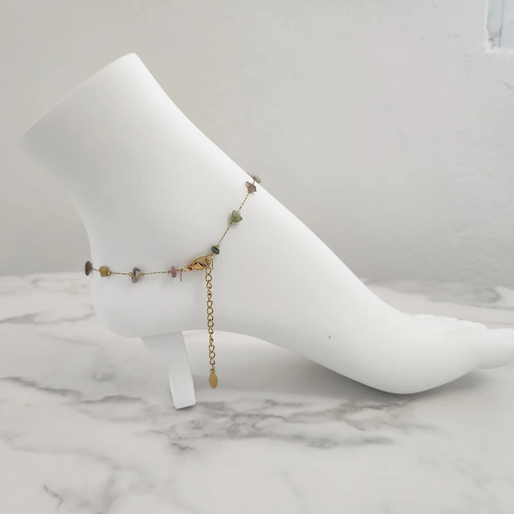 Minimalist Multicolor Dainty Stones 18K Gold Plated Anklet - Picture 7 of 15